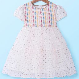 Babyhug Woven Short Sleeves Net Sequin Embroidered Ethnic Dress - White-picture-31