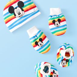 Babyhug Disney Cotton Knit Cap Mittens & Booties Set with Stripes & Mickey Mouse Graphics - White-image-40
