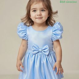 Babyoye Woven Frill Sleeves Solid Colour Party Frock with Bow Applique - Light Blue-picture-5