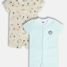 MINI KLUB Cotton Pack Of 2 Half Sleeves Teddy Bear Printed & Striped Rompers -Beige & Blue-picture-23