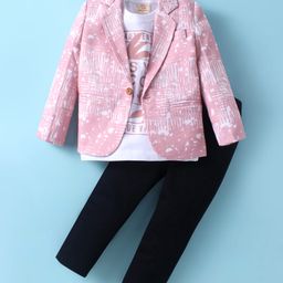 Rikidoos Cotton Authentic Text Printed Tee & Pant With Full Sleeves Blazer Set - Light Pink & Navy Blue-image-11