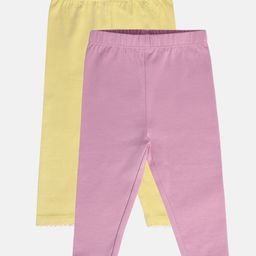 MINI KLUB Cotton Pack Of 2 Solid Leggings - Yellow & Purple-image-94