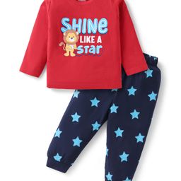 Babyhug Cotton Knit Full Sleeves Night Suit with Text Print - Red & Navy Blue-image-48