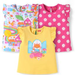 Babyhug Cotton Knit Frill Sleeves T-Shirts with Floral & Animal Print Pack of 3 - White Dark Pink & Yellow-image-99