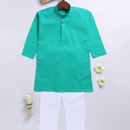 JBN Creation Cotton Blend Full Sleeves Geometric Embroidered Kurta Pyjama Set - Turquoise-picture-21