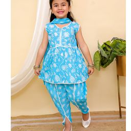 AJ Dezines Cotton Sleeveless Floral Printed Kurti & Dhoti Style Pant With Dupatta Set - Blue-image-85