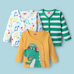 Babyhug 100% Cotton Interlock Knit Full Sleeves Front Open Jhablas with Stripe Design & Dino Print Pack of 3 - White Green & Mustard-image-29