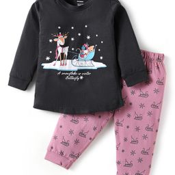 CUCUMBER Sinker Knit Full Sleeves Night Suit with Reindeer Print - Charcoal Grey & Plum-image-22