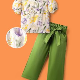 OLLINGTON ST. Rayon Printed Half Sleeves Floral Printed Top & Twill Pants With Belt - Multicolor & Green-image-24