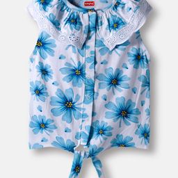 Babyhug 100% Cotton Knit Sleeveless Knotted Top with Floral Print & Frill Detailing - Blue-picture-16