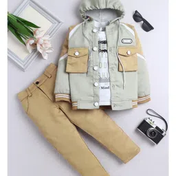 Fourfolds Cotton Blend Woven Trendy Style Text Printed Tee & Trousers With Full Sleeves Hooded Jacket Set - Light Green-image-35