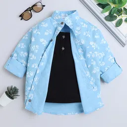 BAATCHEET Cotton Woven Full Sleeves Floral Printed Shirt Attached Tee - Blue-picture-49