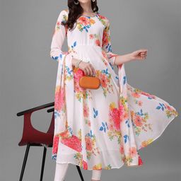 Femvy Floral Printed Round Neck Anarkali Kurta With Dupatta-15