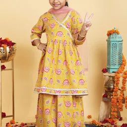 YK X Trampoline Girls Floral Printed Angrakha Gotta Patti Pure Cotton Kurta with Sharara & With Dupatta-picture-24
