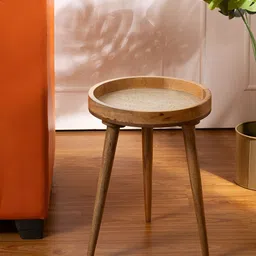 THREADVIBE LIVING White & Brown Printed Mango Wood Round Shape Side End Table-picture-46
