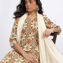 HERE&NOW Ethnic Motifs Printed Pure Cotton Straight Kurta with Trousers & Dupatta-45