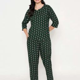 Clovia Green Print Top and Pyjamas Set-image-83