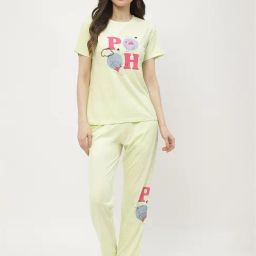 MADAME M Secret Yellow Cotton Graphic Print T-Shirt With Pyjamas-image-88