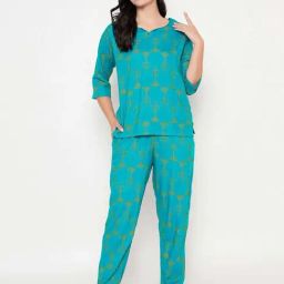 Clovia Turquoise Print Top and Pyjamas Set-image-12