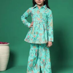 READIPRINT FASHIONS Kids Turquoise Printed Full Sleeves Kurti with Gharara-image-16