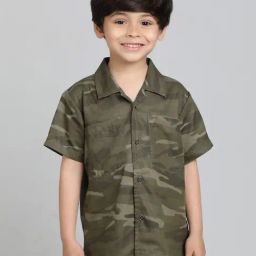 Tales & Stories Boys Olive Cotton Camouflage Shirt-image-39