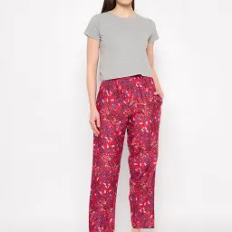 Clovia Red & Grey Floral Print Top With Pyjamas-image-55