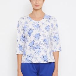Clovia White & Blue Floral Print Top-image-36