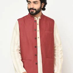 Fabindia Red Comfort Fit Self Pattern Nehru Jacket-picture-4