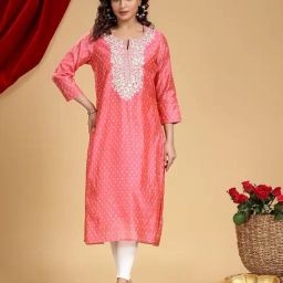 Cotton Culture Pink Chanderi Embroidered Three-Quarter Sleeves Kurta-picture-41
