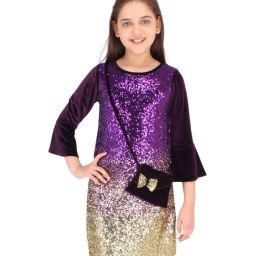 Cutecumber Kids Purple Embellished Dress & Sling Bag-picture-44