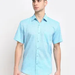 Jainish Blue Cotton Regular Fit Self Pattern Shirt-picture-8