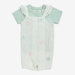 HOP Baby by Westside White Crochet Cotton-Blend Dungaree & T-Shirt Set-image-3