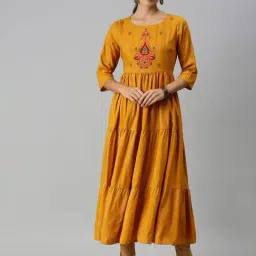 SHOWOFF Yellow Cotton Embroidered Calf Length Anarkali Kurta-image-91