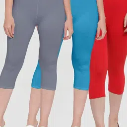 Gracit Grey & Blue Mid Rise Capris - Pack Of 3-image-12