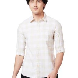Spykar Beige Cotton Linen Regular Fit Checks Shirt-image-84