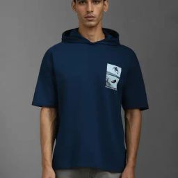 Louis Philippe Navy Cotton Regular Fit Graphic Hooded T-Shirt-image-42