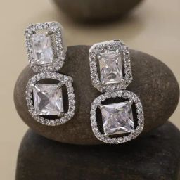 Zeneme Rhodium Plated Silver Toned AD Crystal Drop Earrings-26
