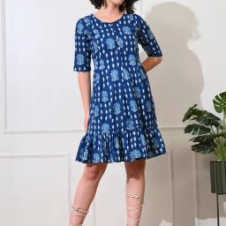 Deckedup Indigo Blue Cotton Relaxed Fit Printed Dress-image-33