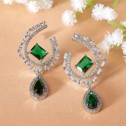 Zeneme Rhodium Plated Silver Toned Green AD Studded Drop Earrings-23