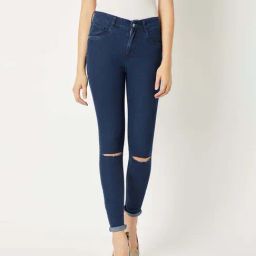 Miss Chase Navy Blue Skinny Fit Regular Length Clean Look Knee Slit Denim Stretchable Jeans-image-50