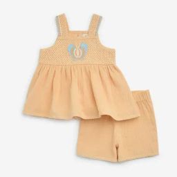 HOP Baby by Westside Orange Embroidered Cotton Top and Shorts Set-11