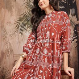 Sangria Tribal Print Pleated Pure Cotton Kurta with Trousers-image-99