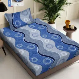 Klotthe Blue 300 TC Polycotton Single Book Fold Bedsheet with Pillow Cover-picture-36