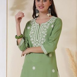 Uparna women's Pastel Green Viscose Rayon Chikankari Embroidered Above Knee Straight Kurta-image-45