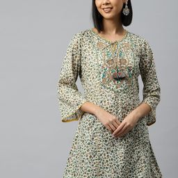 Nayam By Lakshita Floral Printed Tie-Up Neck Flared Sleeves Sequinned Pure Cotton Kurti-picture-2