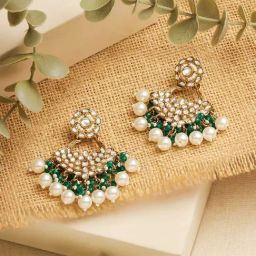 Zaveri Pearls Green Cluster Beads Dazzling Kundan Antique Tone Dangler Earring-0