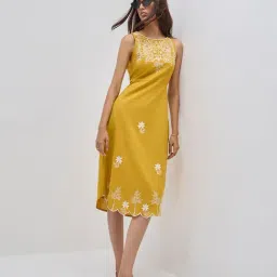 Bombay Paisley by Westside Mustard Floral Cotton Blend Straight Dress-picture-13