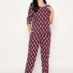 Clovia Maroon Print Top and Pyjamas Set-image-45