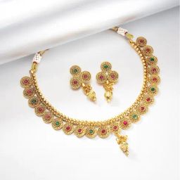 Peora Red Green Gold-Plated Elegant Choker Necklace with Earring Jewellery Set-image-65