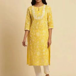 W Yellow Cotton Printed Straight Kurta-image-6